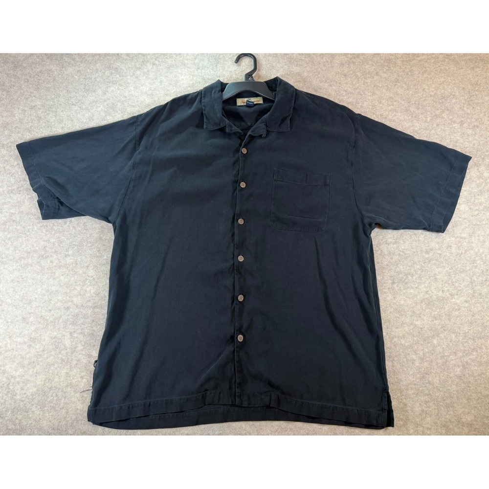 Tommy Bahama Camp Shirt XL Black 100% Silk Herringbone Short Sleeve